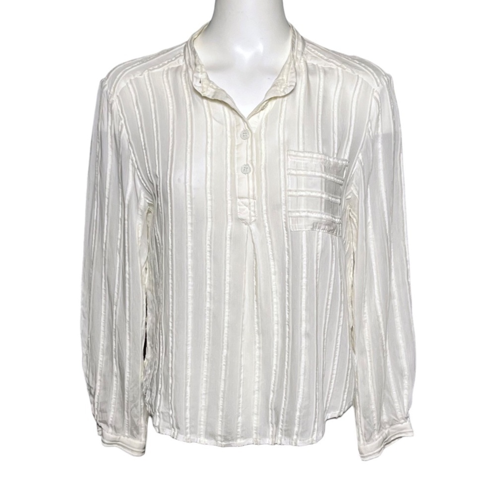Sea New York Ivory Off-White Semi Sheer Blouse Henley Top Long Sleeve Size 2 XS